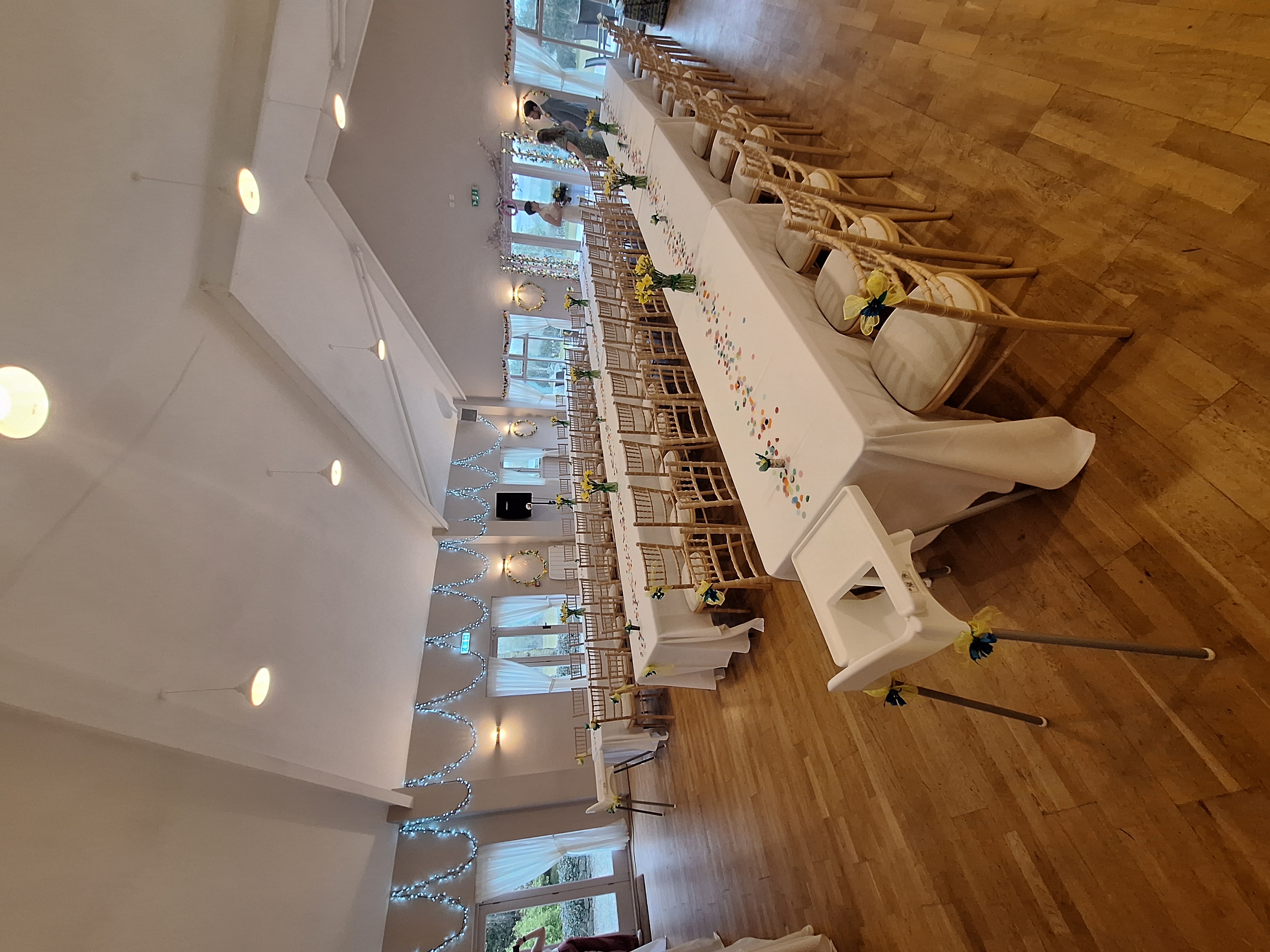 Long table Wedding Breakfast set up — Knockerdown Wedding Village, Ashbourne, derbyshire