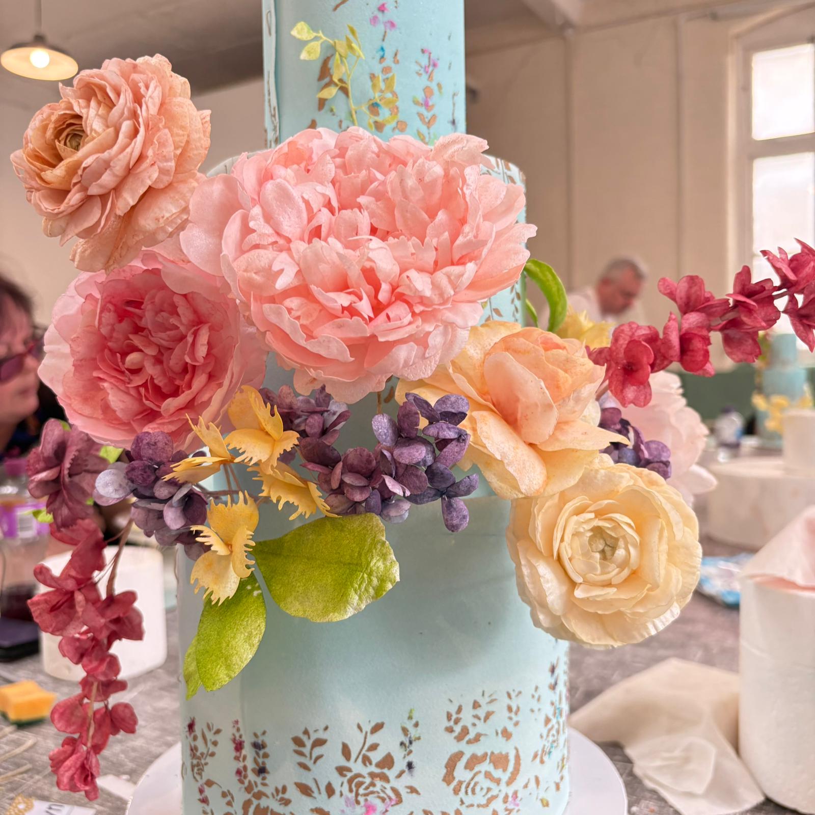 Wafer paper flowers, cake paper, a little hand painting and stencilling Whispers of Spring — The Bake Boutique — wedding cake in Worcester, worcestershire